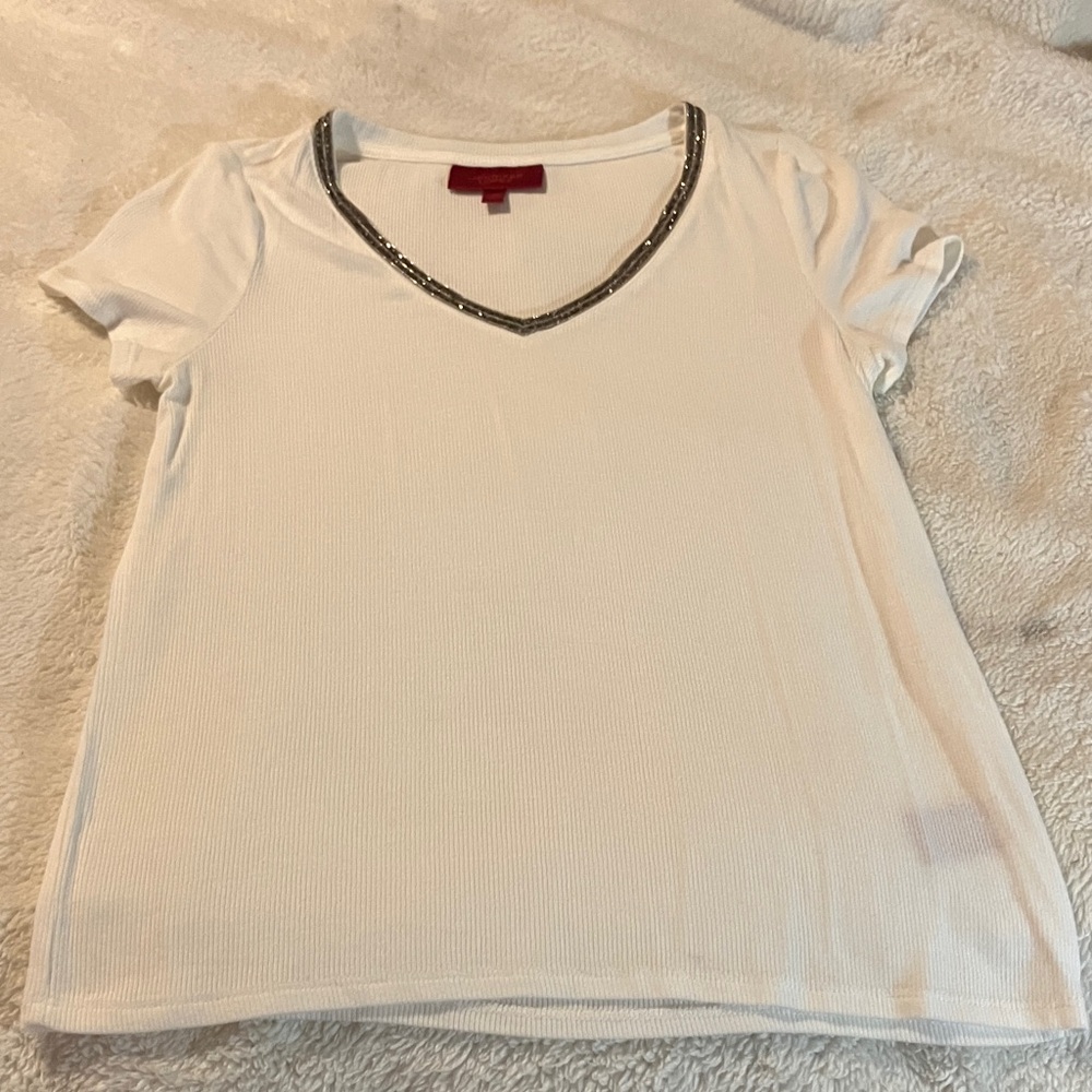 Jennifer Lopez White Tee with Silver Trim